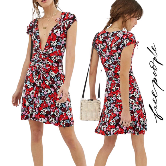 Free People NWT Key To Your Heart Black Combo Plunged Neck Mini Dress Size M
